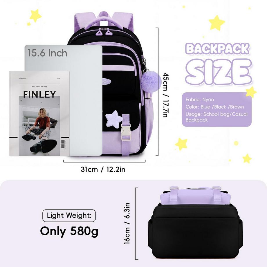 Only-bags.store Sac à Dos Scolaire Léger avec Appliqués Étoilés  
