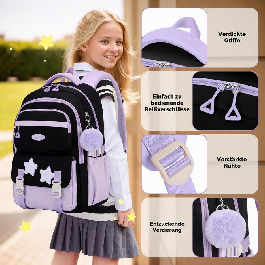 Only-bags.store Sac à Dos Scolaire Léger avec Appliqués Étoilés  