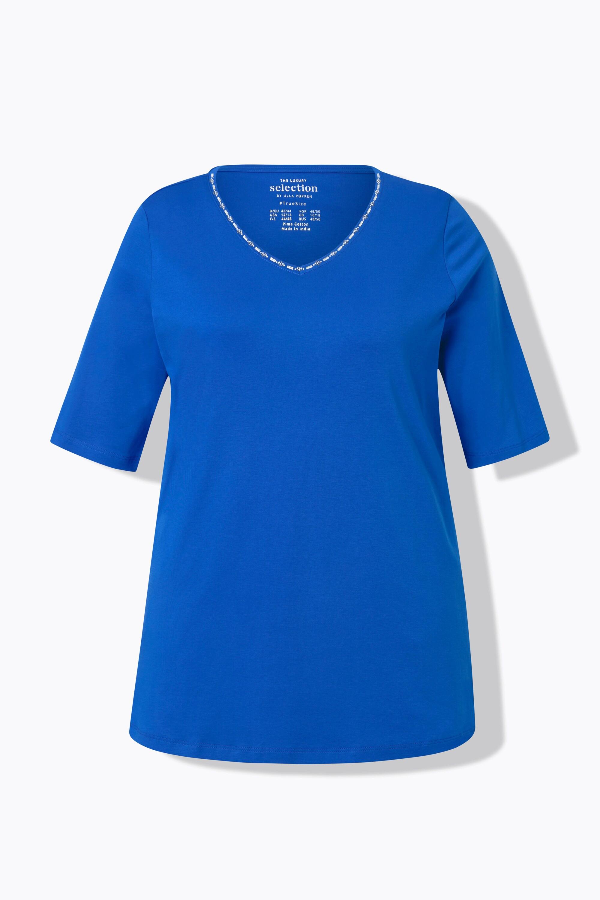 Ulla Popken  T-shirt dal taglio svasato in cotone Pima con scollo a V e mezze maniche 