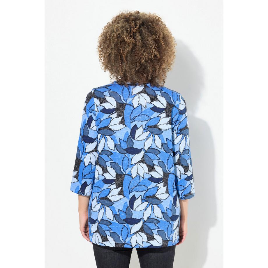 Ulla Popken T-shirt A-ligne Col V Manches 3/4 Imprimé Feuilles  