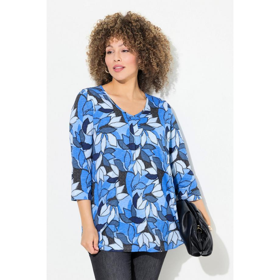 Ulla Popken T-shirt A-ligne Col V Manches 3/4 Imprimé Feuilles  