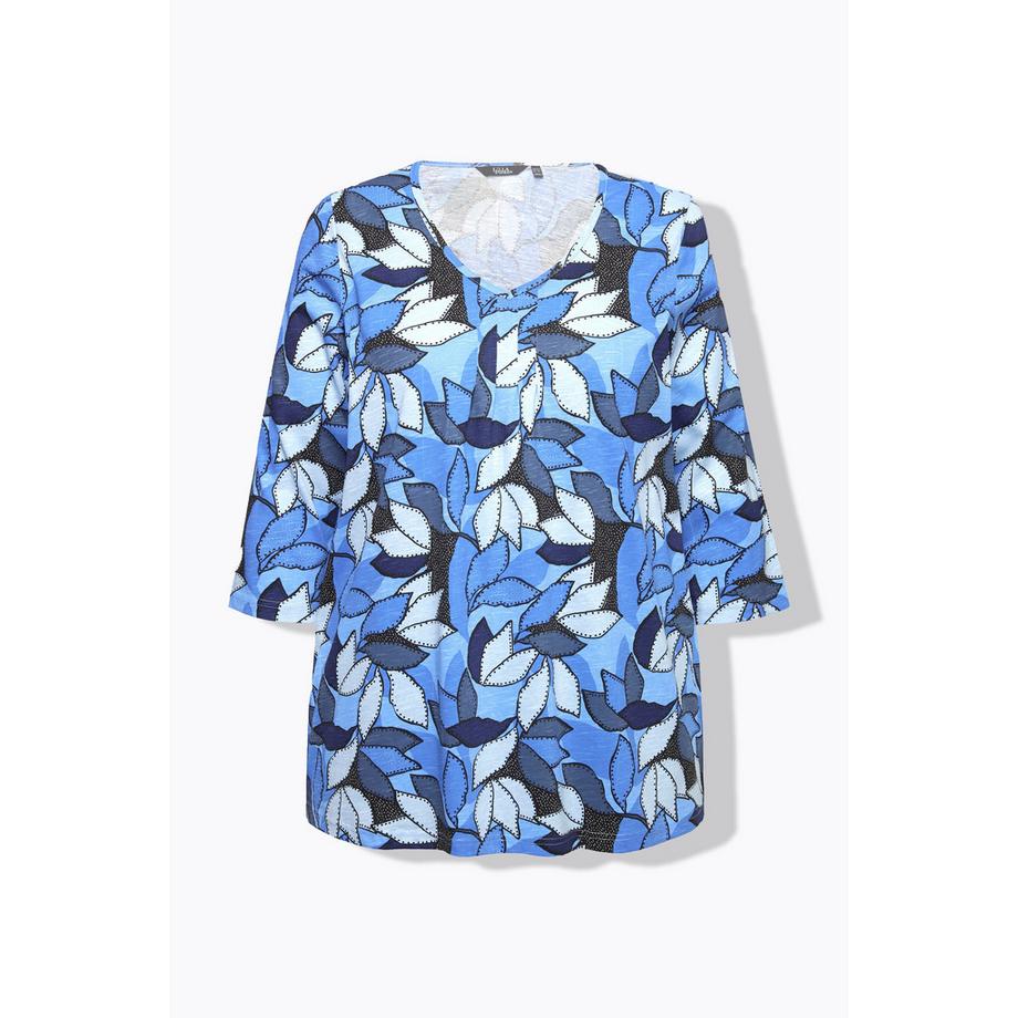 Ulla Popken T-shirt A-ligne Col V Manches 3/4 Imprimé Feuilles  
