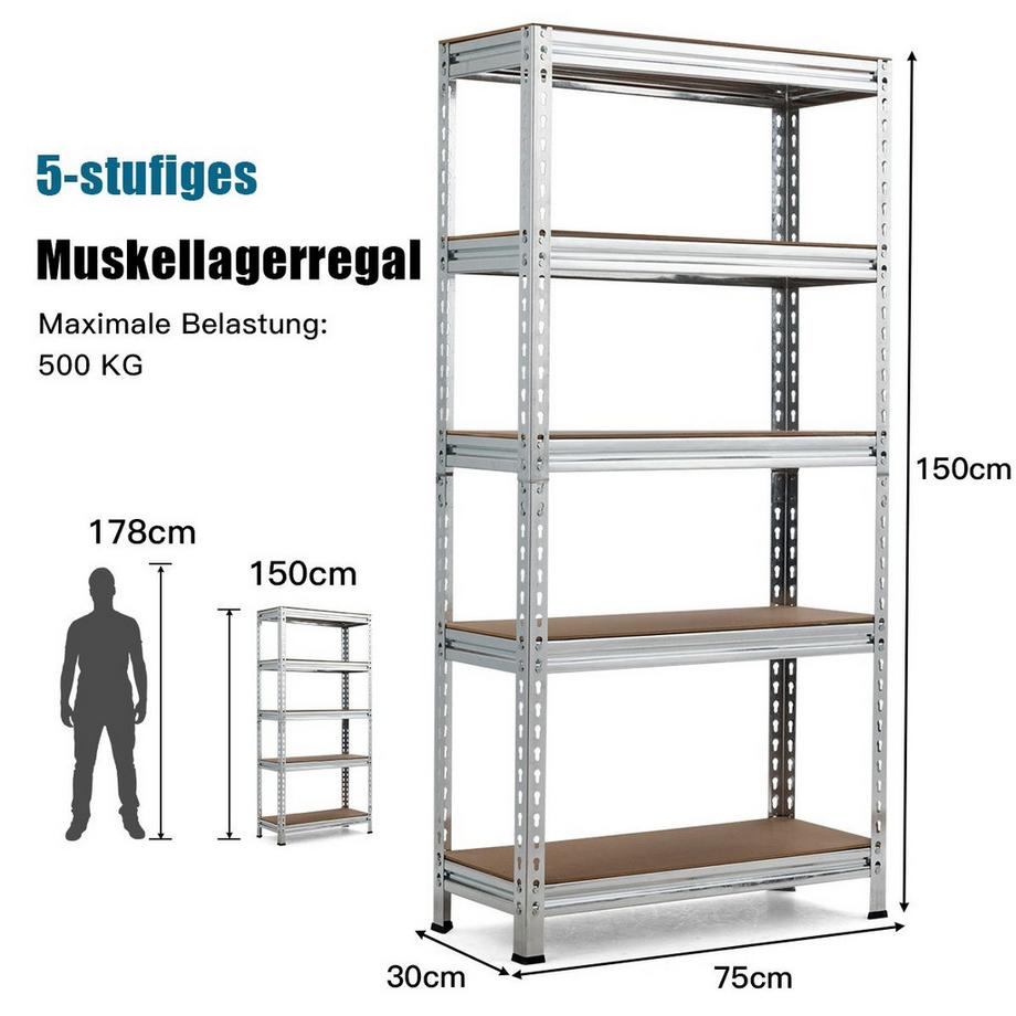 Northix Scaffale portaoggetti con 5 ripiani regolabili, scaffale per carichi pesanti, capacità di carico fino a 500 kg, 150 x 75 x 30 cm  