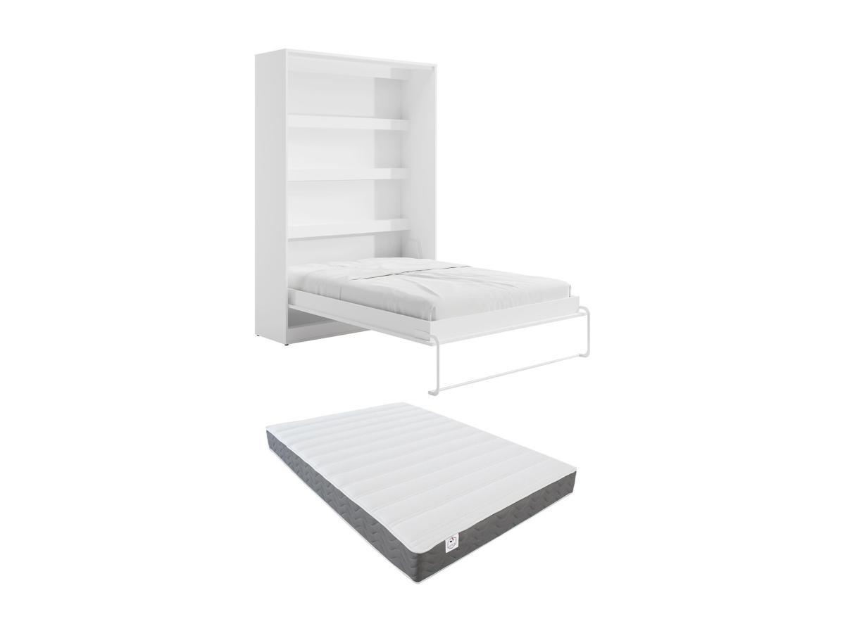 Vente-unique Lit escamotable 140 x 200 cm - Ouverture verticale manuelle - Avec LEDs - Blanc + Matelas - RAPILI  