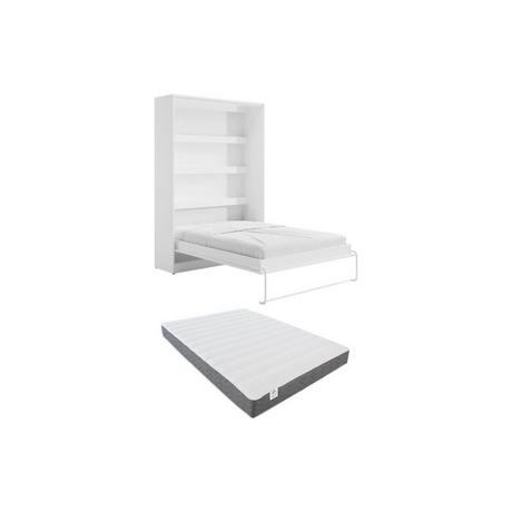 Vente-unique Lit escamotable 140 x 200 cm - Ouverture verticale manuelle - Avec LEDs - Blanc + Matelas - RAPILI  