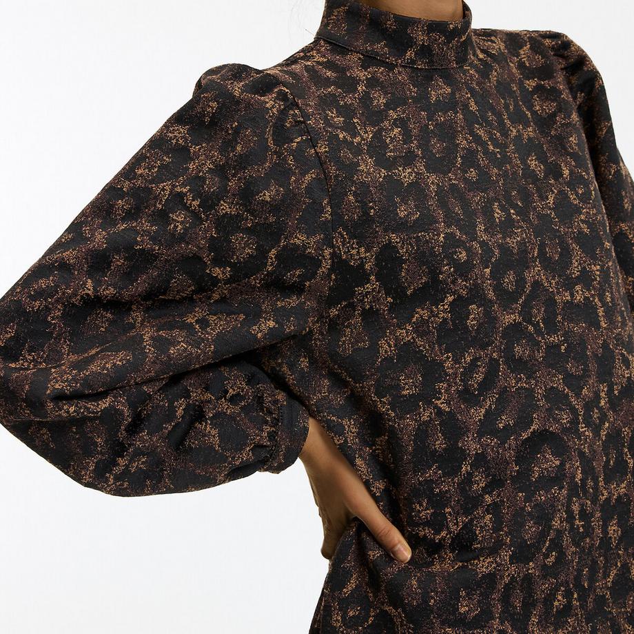 La Redoute Collections Robe courte en jacquard léopard à manches bouffantes  