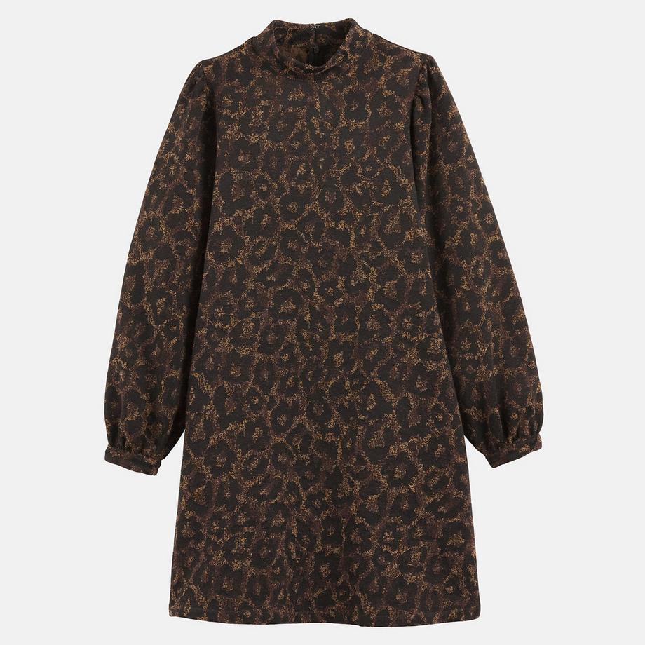 La Redoute Collections Robe courte en jacquard léopard à manches bouffantes  