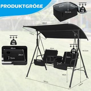 B2X Hollywoodschaukel mit Kühltasche 2-Sitzer Gartenschaukel mit verstellbarem Dach Schwarz 180 x 124 x 161,5 cm  