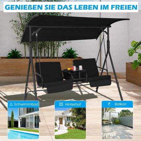 B2X Hollywoodschaukel mit Kühltasche 2-Sitzer Gartenschaukel mit verstellbarem Dach Schwarz 180 x 124 x 161,5 cm  