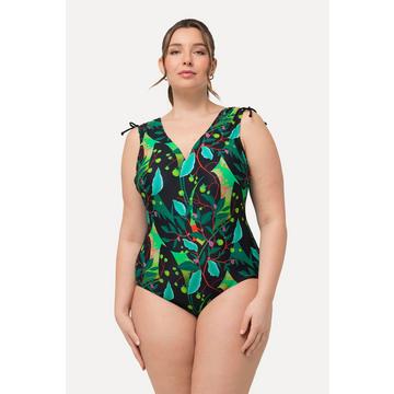 Maillot de bain à bonnets souples, imprimé feuilles et fronces aux épaules