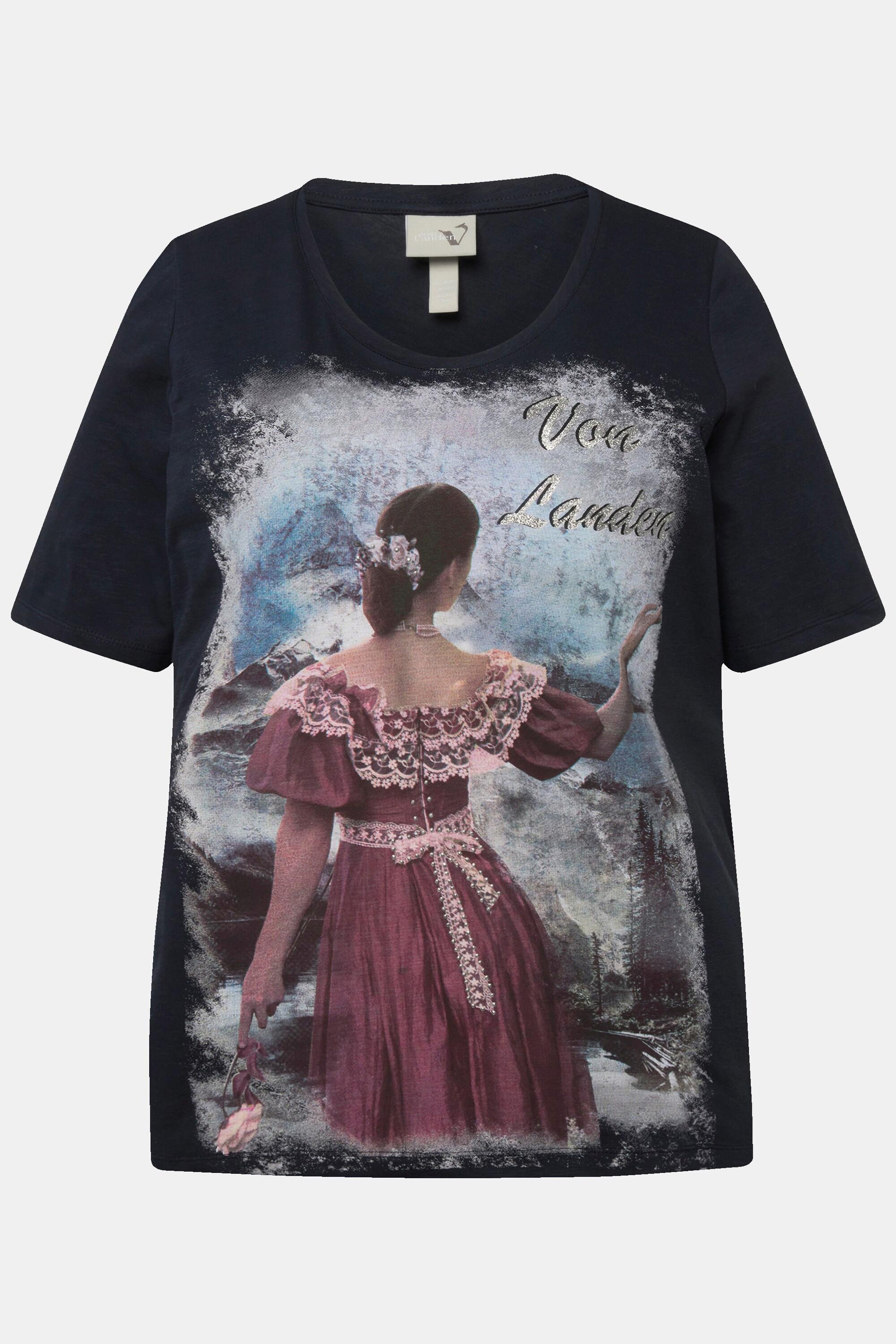 Ulla Popken  T-shirt classica con design in tradizionale stile Tracht, scollo a girocollo e mezze maniche 