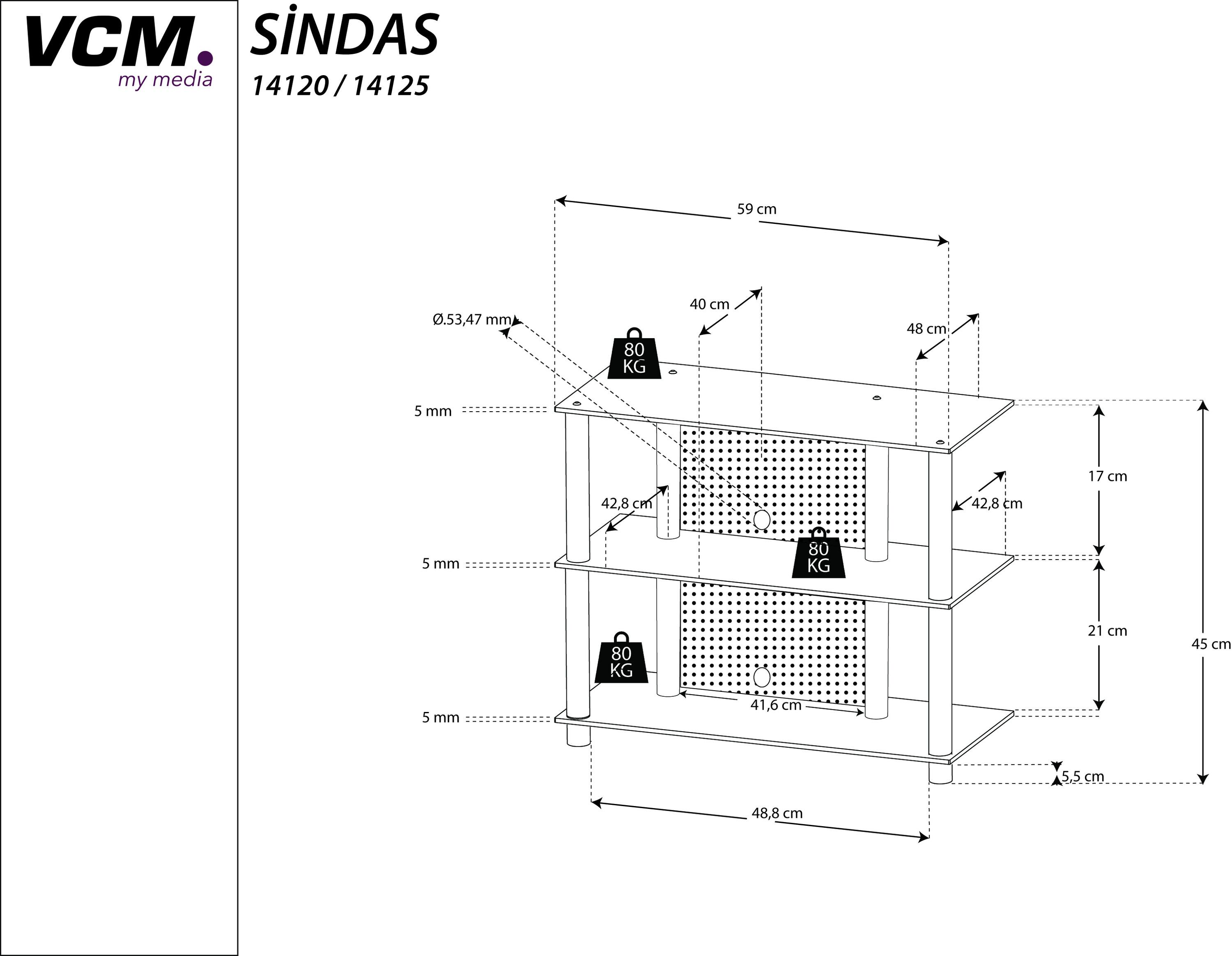 VCM TV Möbel | Lowboard | Kabelführung | Maße H. 45 x B. 59 x T. 48 cm | Fernseh Möbel - Sindas  