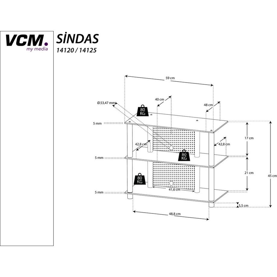 VCM TV Möbel | Lowboard | Kabelführung | Maße H. 45 x B. 59 x T. 48 cm | Fernseh Möbel - Sindas  