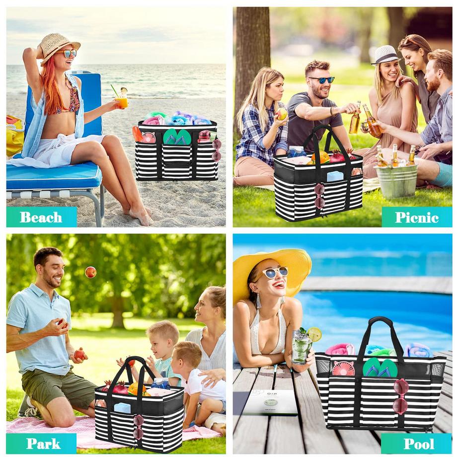 Only-bags.store Grande borsa da spiaggia a righe impermeabile con cerniera  