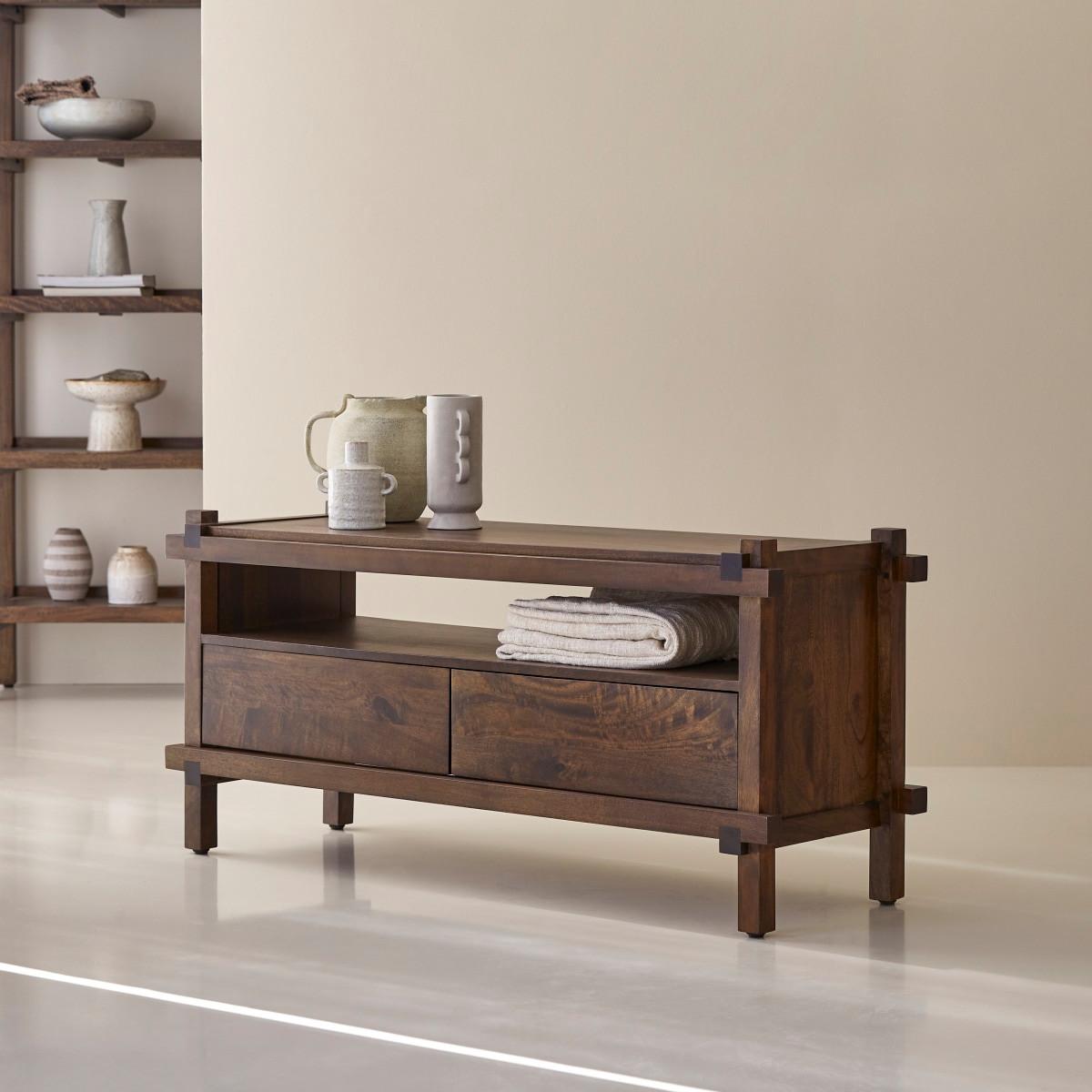 Tikamoon Mobile TV a 2 cassetti in legno di mango massello 120 cm Arko  