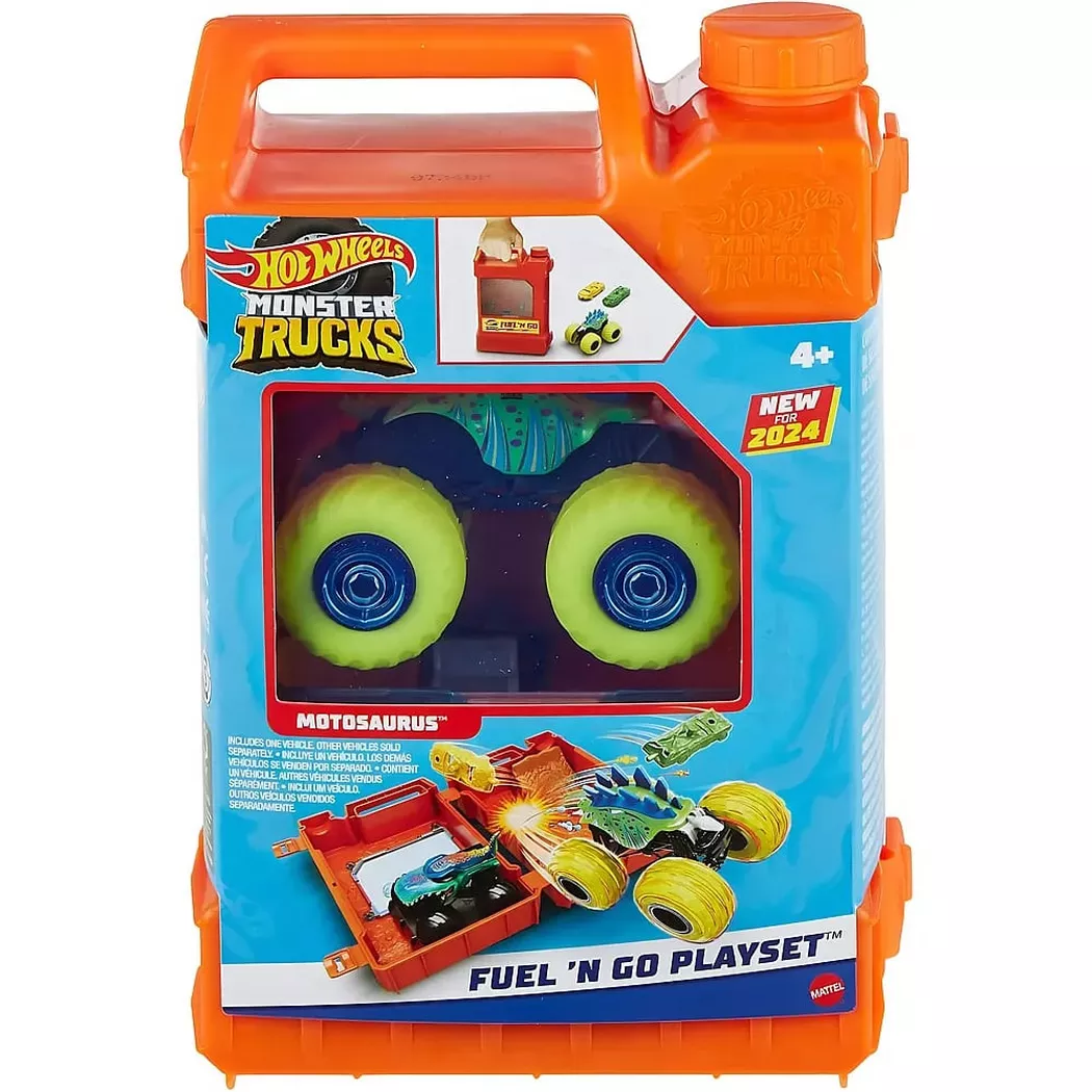 Hot Wheels Monster Trucks Fuel N’ Go Playset with 1:64 Scale Motosaurus Toy Truck & 2 Crushed Cars