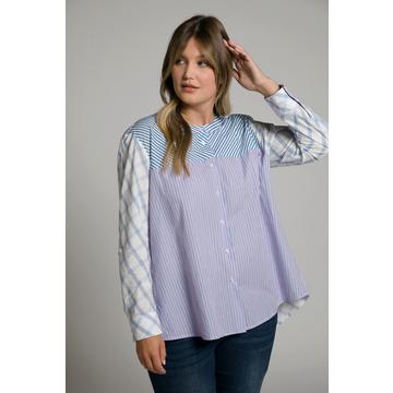 Bluse, Streifen, Oversized, Stehkragen, Langarm