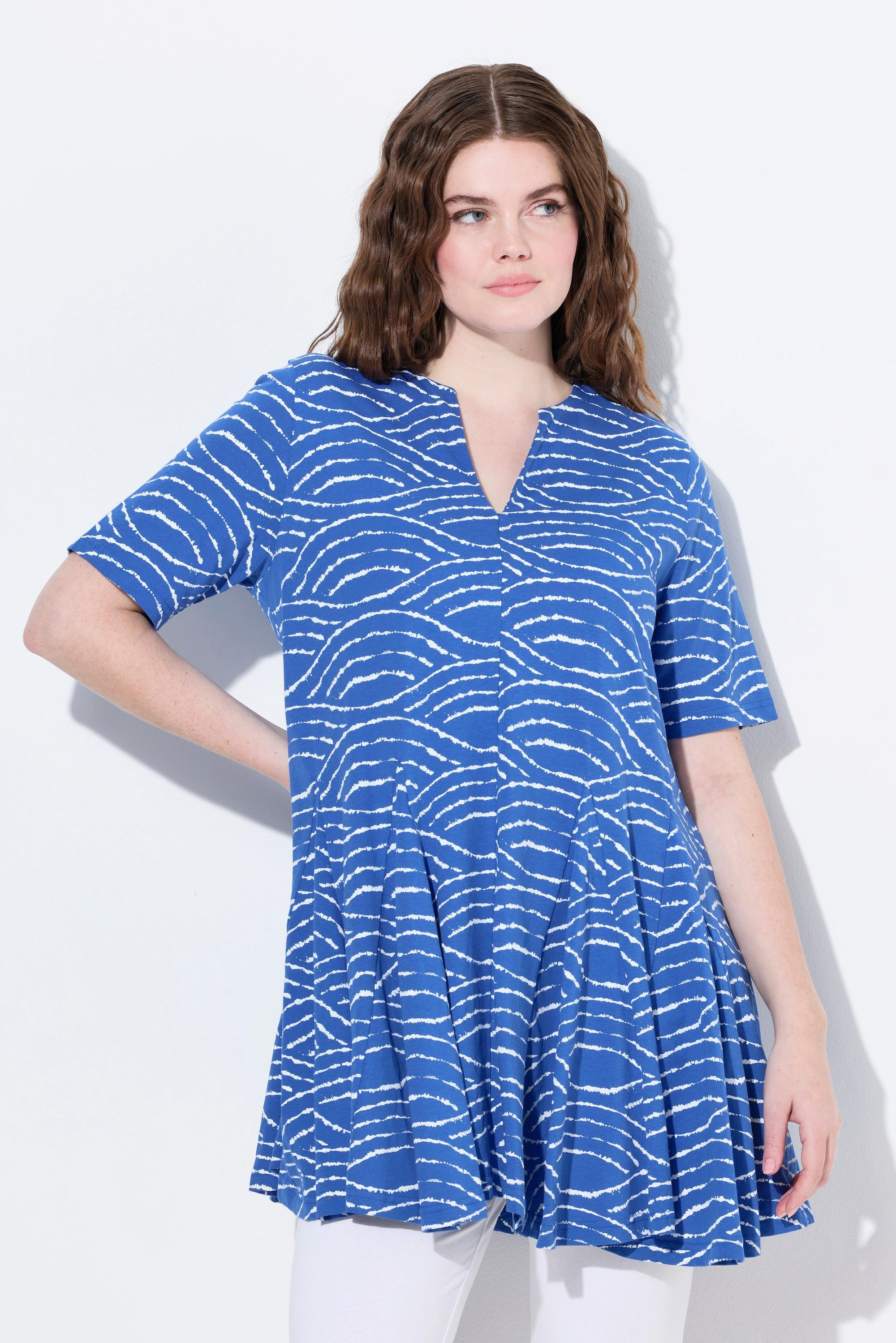 Ulla Popken Wellen T-Shirt Tunika-Ausschnitt Halbarm Biobaumwolle  