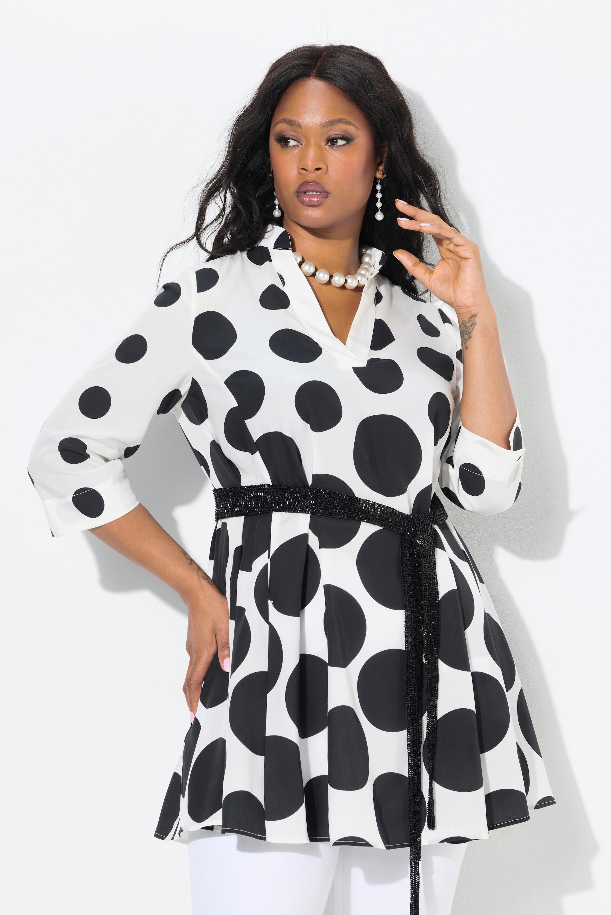 Ulla Popken Tunique à pois Plis godet Décolleté V Manches 3/4  