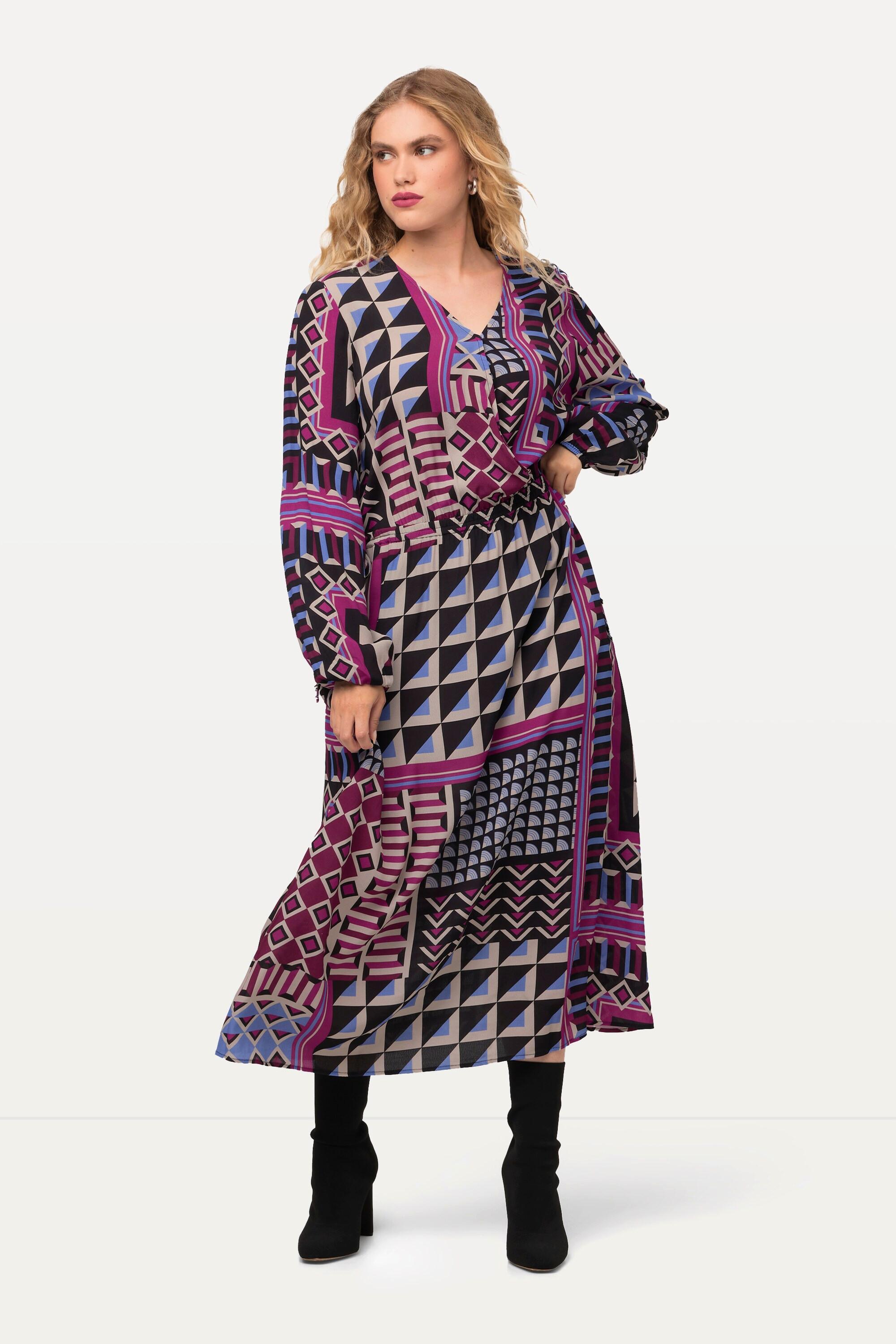 Ulla Popken  Robe midi avec effet cache-cœur, décolleté en V et manches longues, imprimé patchwork 