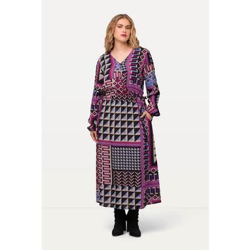 Robe midi avec effet cache-cœur, décolleté en V et manches longues, imprimé patchwork