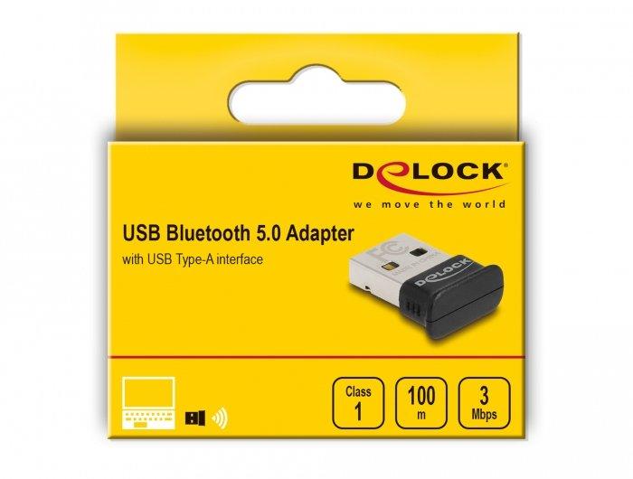 DeLock  Adattatore USB Bluetooth 5.0 Classe 1 in micro-design - Raggio operativo fino a 100 metri 