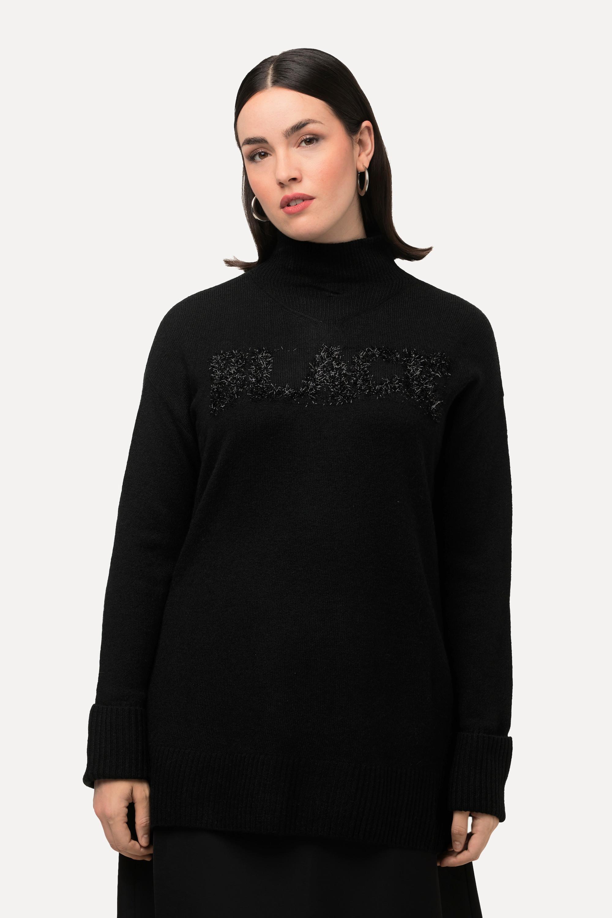 Ulla Popken  Pullover, BLACK, Oversized, Stehkragen, Langarm 