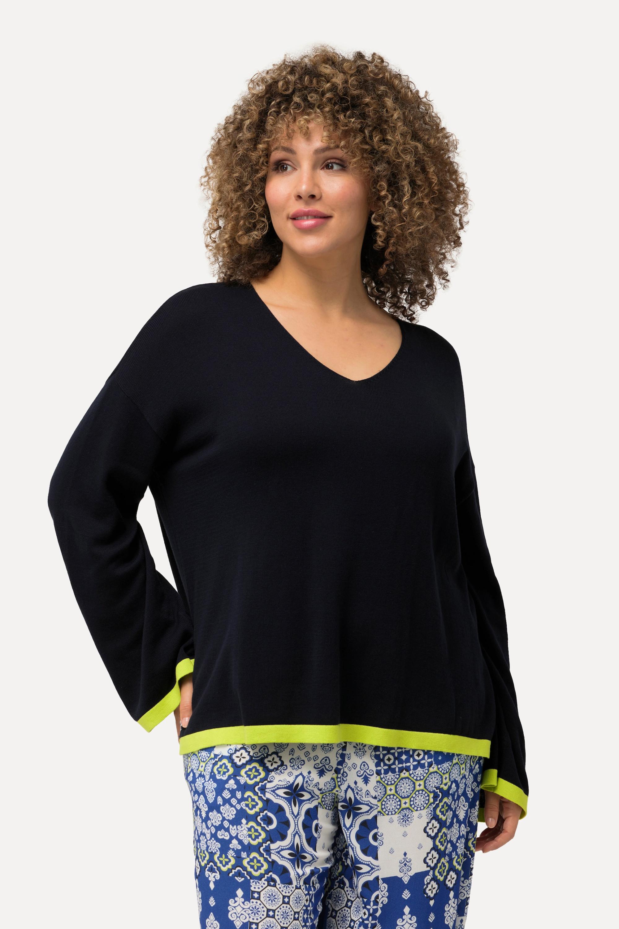 Ulla Popken  Pullover, farbige Bündchen, V-Ausschnitt, Lagarm 