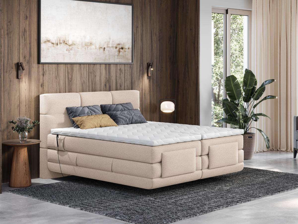 Vente-unique Ensemble complet boxspring tête de lit capitonnée + sommiers relaxation électrique + matelas + surmatelas - 2 x 90 x 200 cm - Tissu - Beige  - LODI de PALACIO  