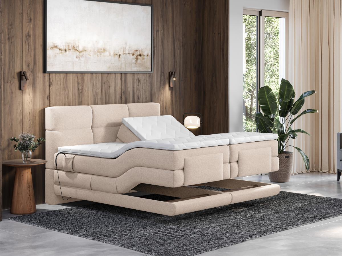 Vente-unique Ensemble complet boxspring tête de lit capitonnée + sommiers relaxation électrique + matelas + surmatelas - 2 x 90 x 200 cm - Tissu - Beige  - LODI de PALACIO  