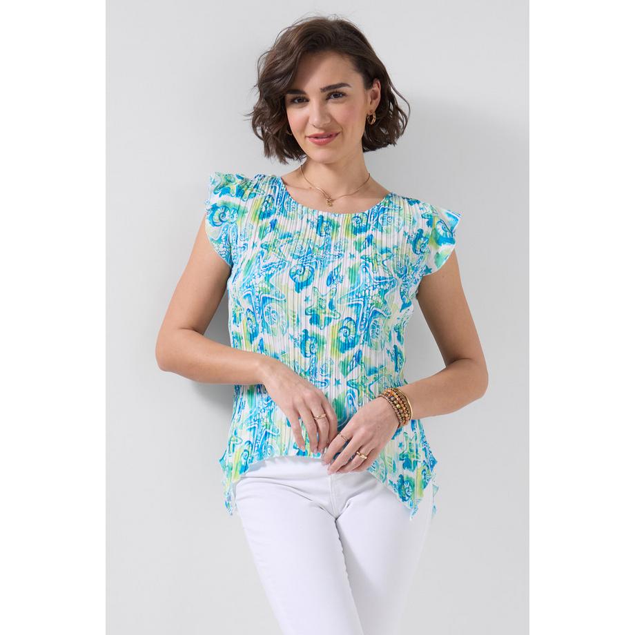 Blouse Plissée Imprimée avec Motif Étoile de Mer et Manches à Volants