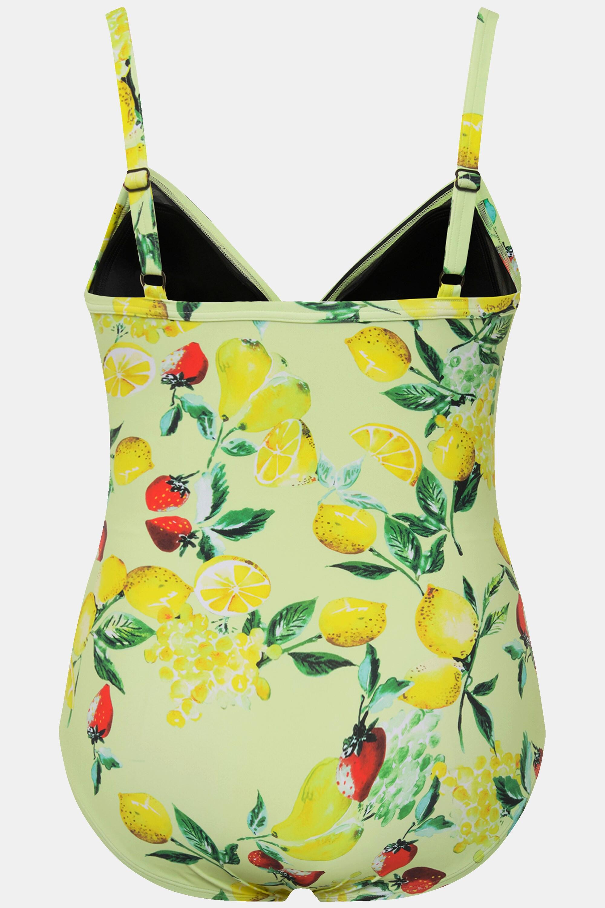 Ulla Popken  Maillot de bain à bonnets souples et motif citrons. Bretelles réglables. Matière recyclée. 