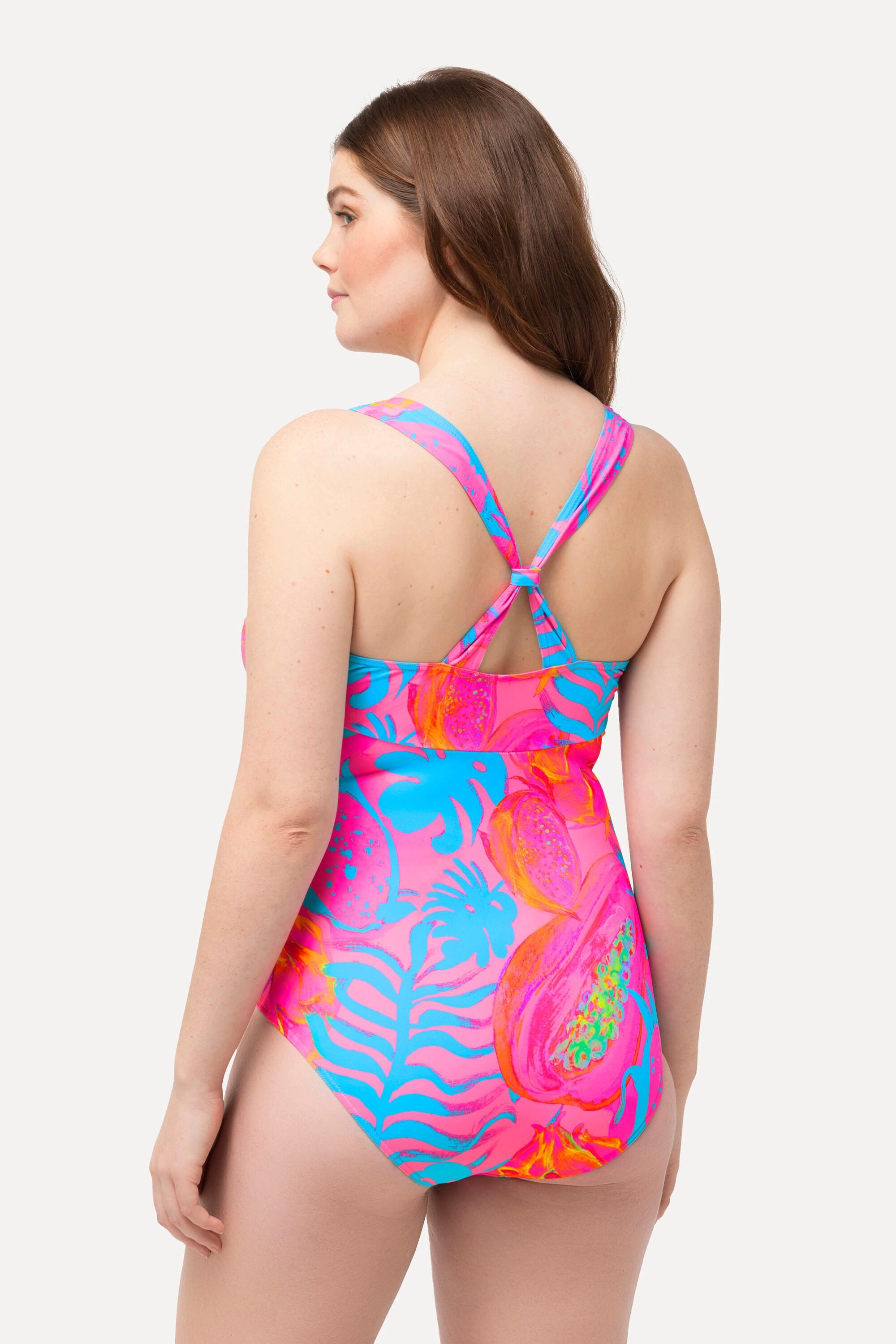 Ulla Popken  Maillot de bain à bonnets souples, semblant se nouer sur la nuque. Imprimé fluo et ruban fantaisie 