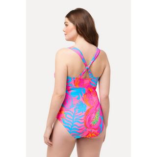 Ulla Popken  Maillot de bain à bonnets souples, semblant se nouer sur la nuque. Imprimé fluo et ruban fantaisie 