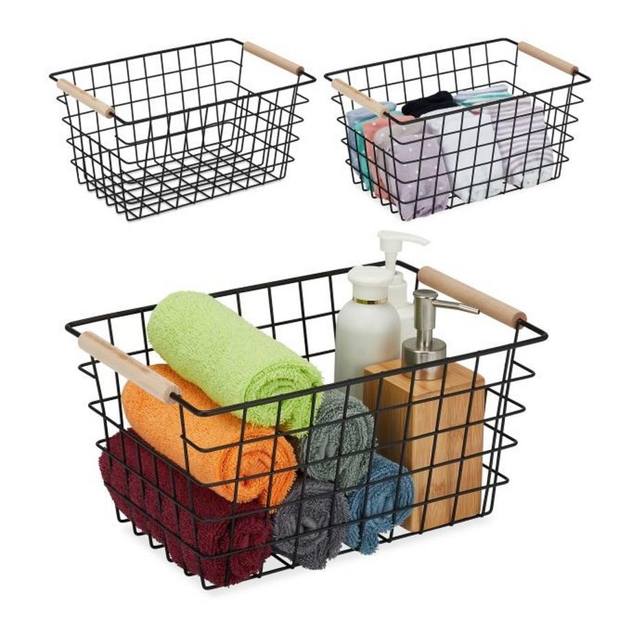 Cestini in filo metallico con manici in legno, confezione da 3