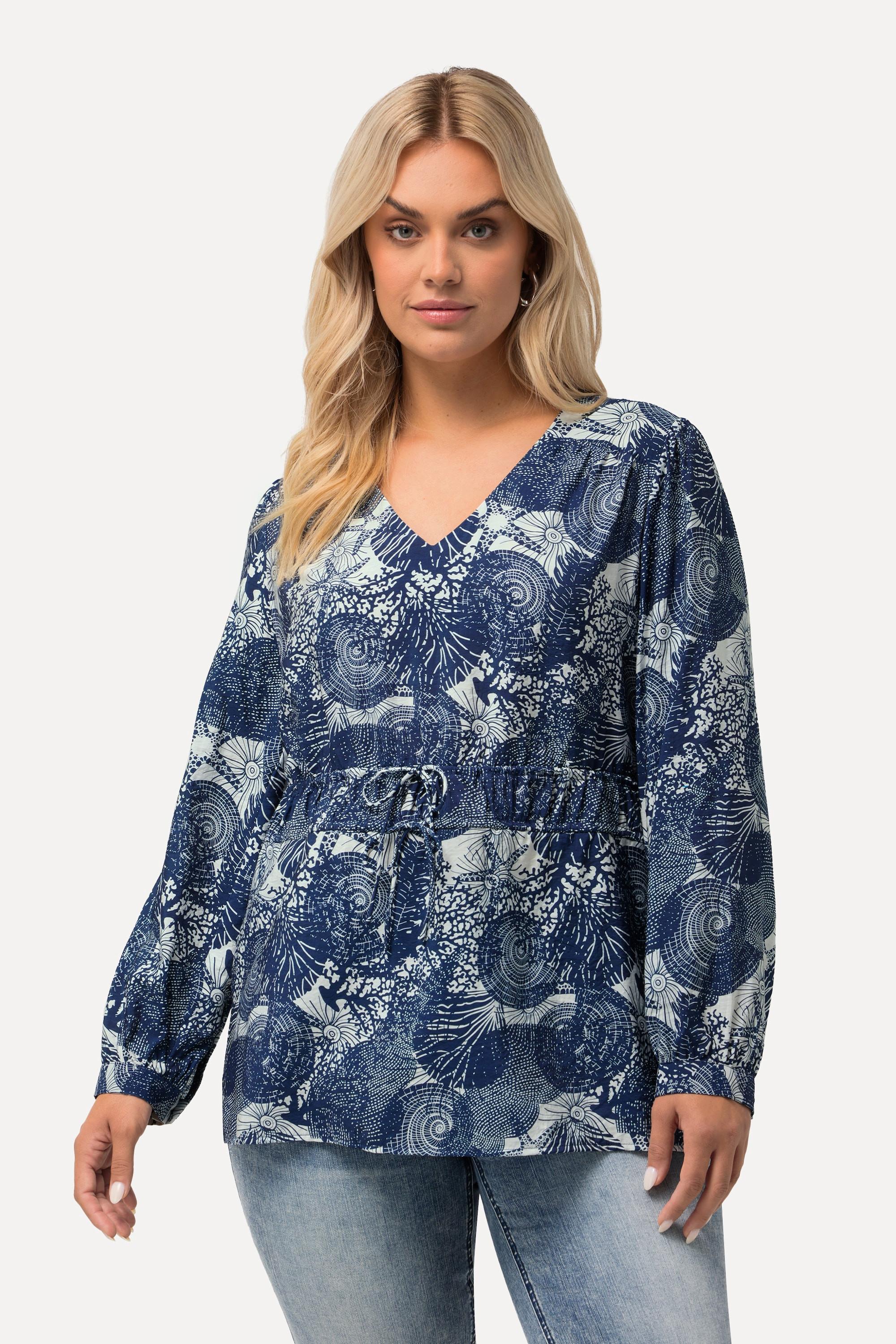 Ulla Popken  Blusa con stampa marittima, scollo a V e mezze maniche 