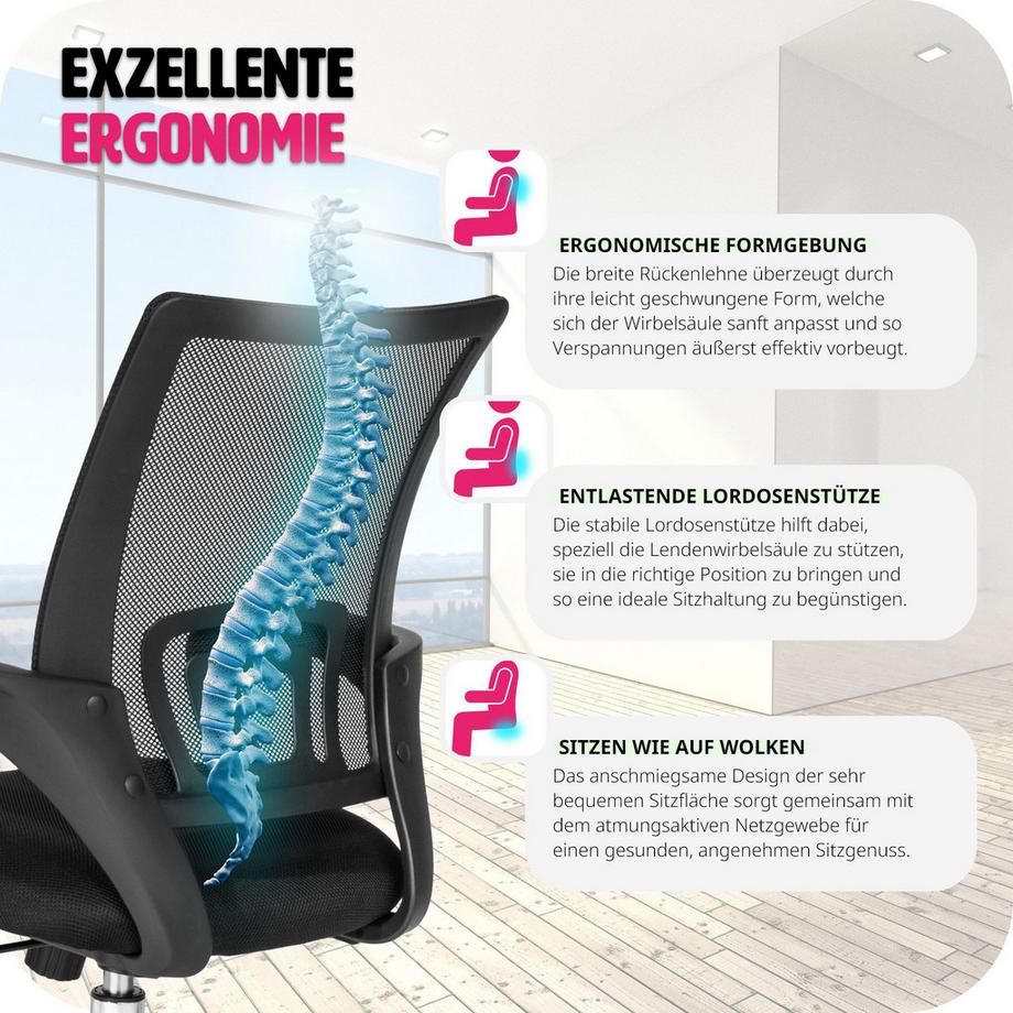 Tectake Bürostuhl Marius ergonomische Form mit Lordosenstütze 360° drehbar  