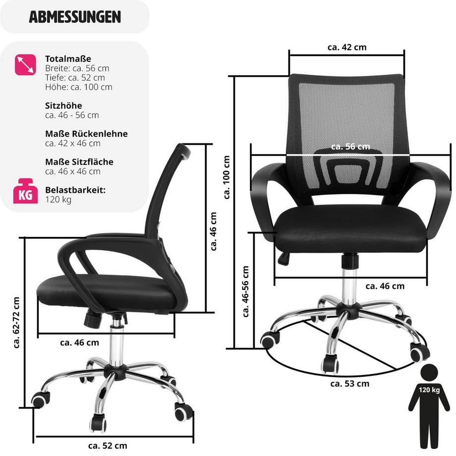 Tectake Bürostuhl Marius ergonomische Form mit Lordosenstütze 360° drehbar  
