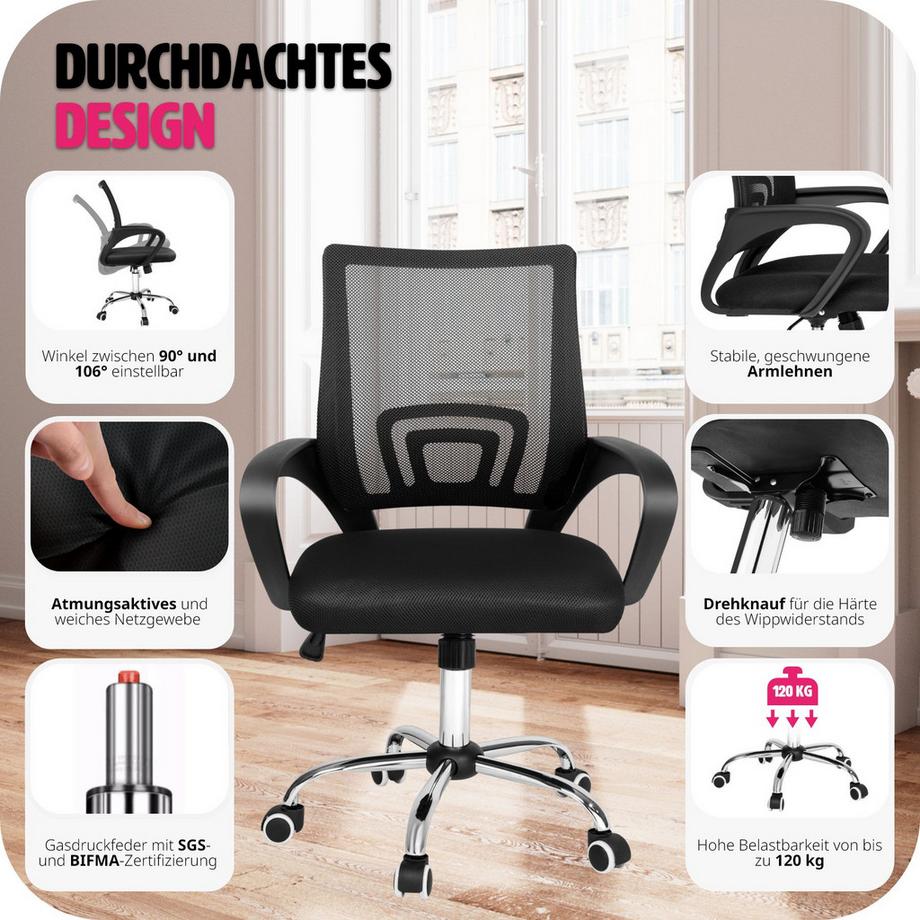 Tectake Bürostuhl Marius ergonomische Form mit Lordosenstütze 360° drehbar  