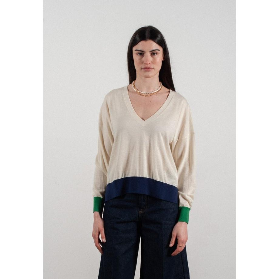 Maglione oversize con scollo a V tricolore in cashmere e lana a 2 fili ultrafini