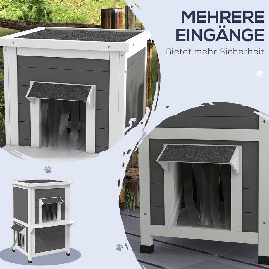Northio  Katzenhaus Holz 2-Stöckig Wetterbeständige Katzenhütte Mit Dach, Grau & Weiß, 60X60X81,5Cm 