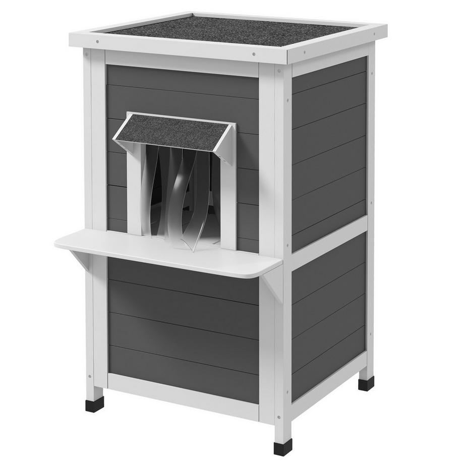 Northio  Katzenhaus Holz 2-Stöckig Wetterbeständige Katzenhütte Mit Dach, Grau & Weiß, 60X60X81,5Cm 