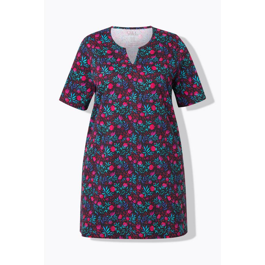 Ulla Popken T-shirt long coupe A-ligne col tunisien manches courtes avec poches  