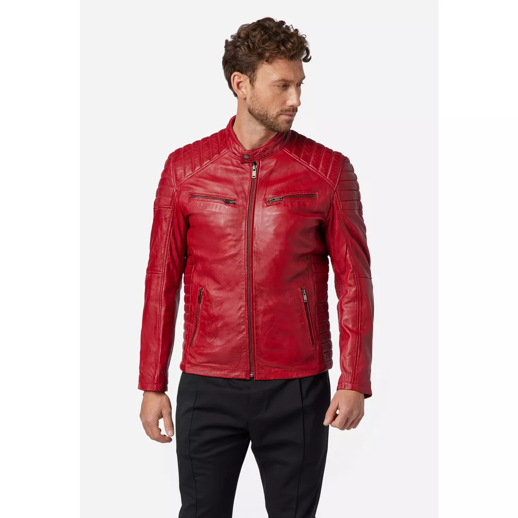 RICANO - Lederjacke Cooper im Biker-Stil mit Stehkragen, XXL, Rot