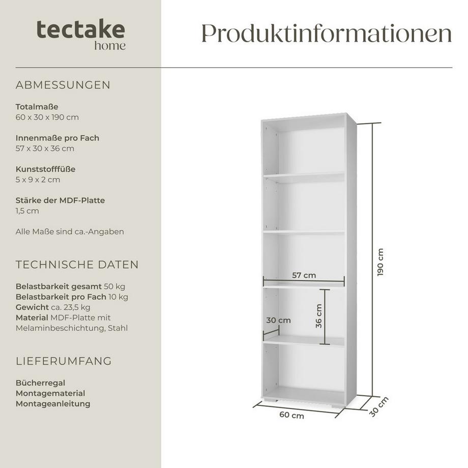 Tectake Bücherregal Lexi MDF mit 5 Fächern  