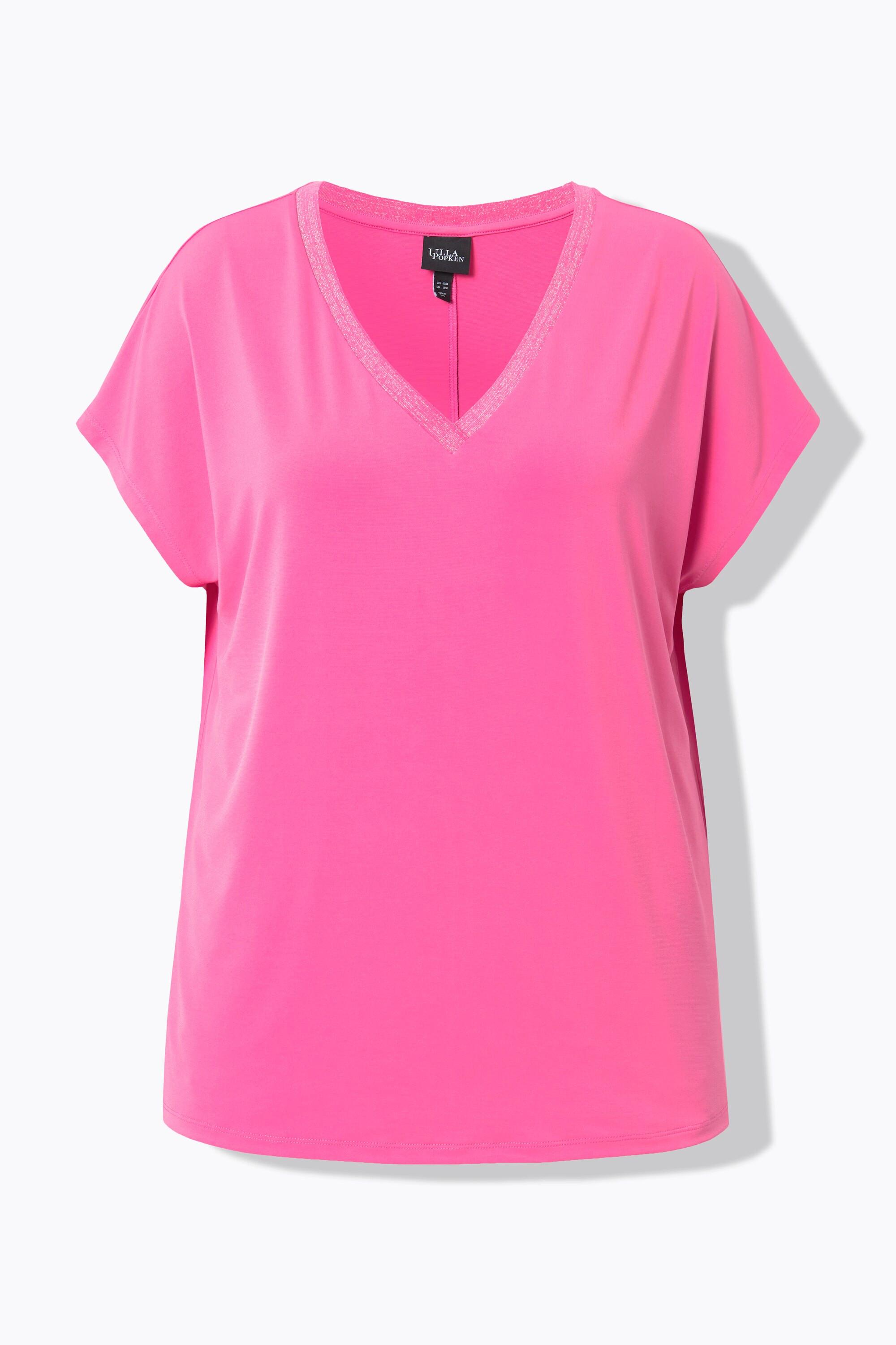 Ulla Popken  T-shirt oversize, col en V avec liseré pailleté, manches courtes 