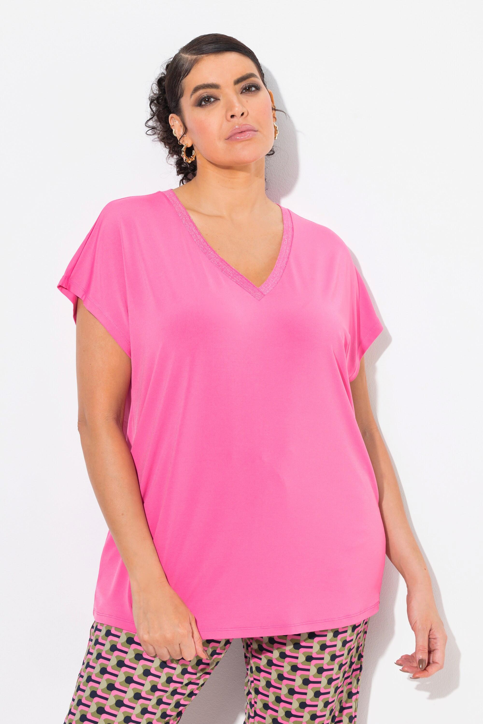 Ulla Popken  T-shirt oversize, col en V avec liseré pailleté, manches courtes 