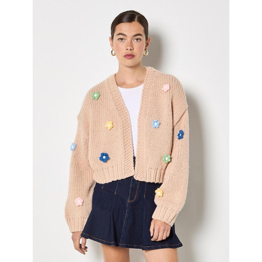 Applikations-Gänseblümchen Grobstrick-Strickjacke