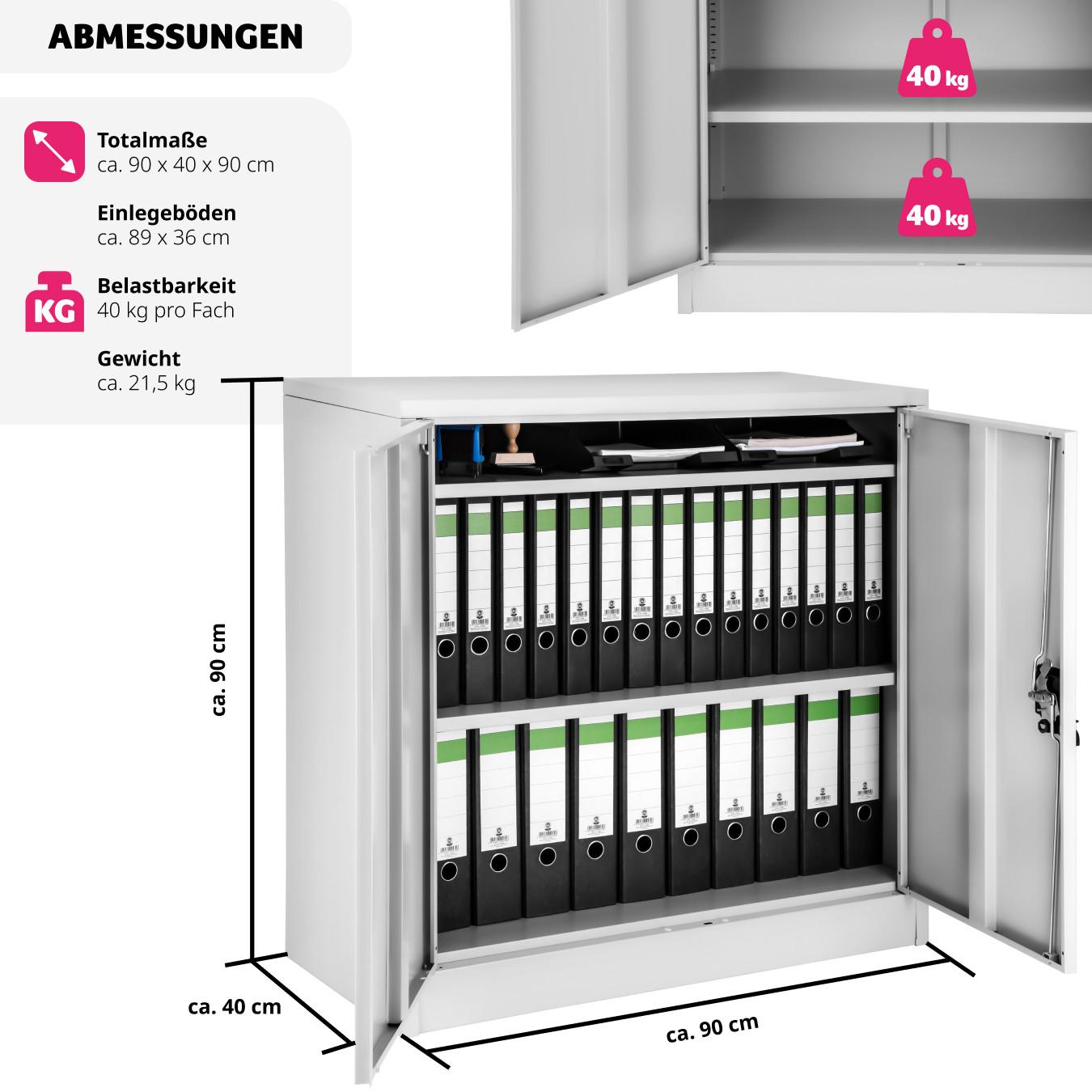 Tectake Aktenschrank mit 3 Böden 90x40x90 cm abschliessbar  