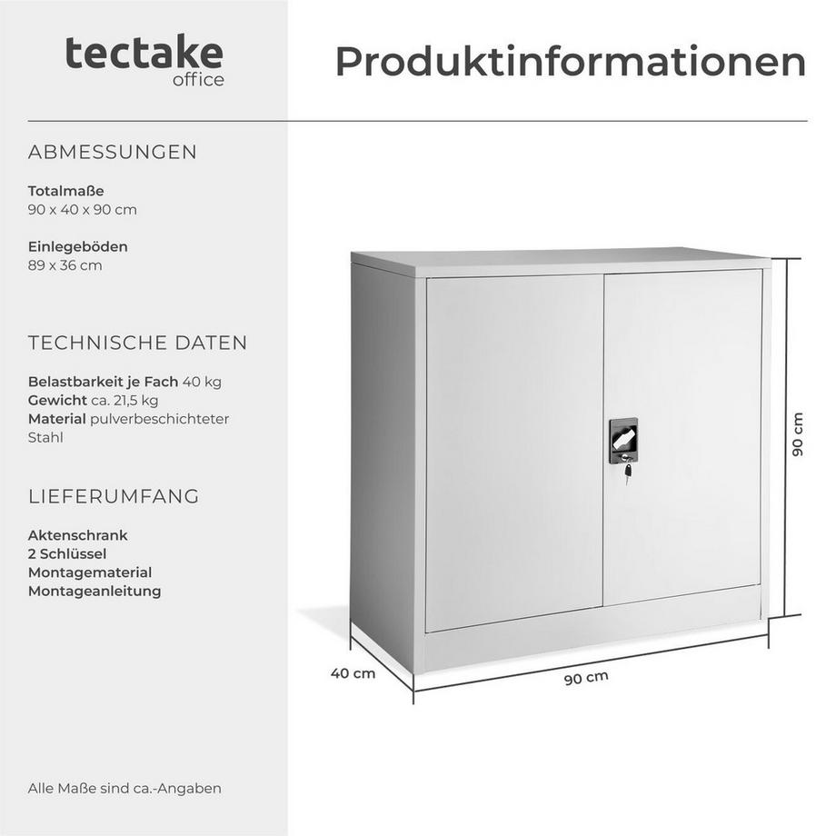 Tectake Aktenschrank  aus pulverbeschichtetem Stahl mit 2 Flügeltüren  